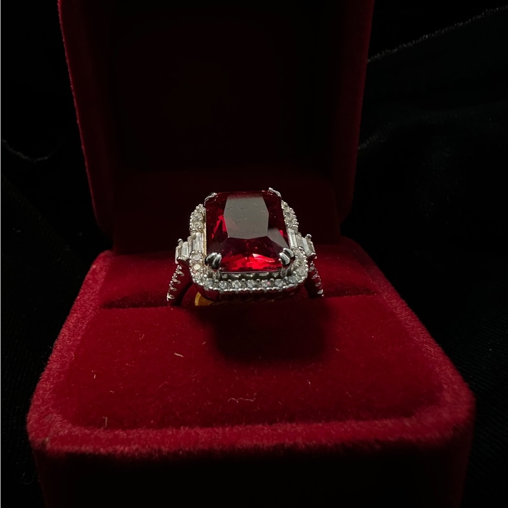 Sophisticated Red and Silver Halo Ring 925 Sterling Silver